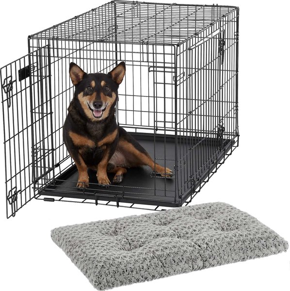 MidWest iCrate Fold & Carry Double Door Collapsible Wire Crate, 36 inch + Quiet Time Ombre Swirl Dog Crate Mat, Grey, 36-in slide 1 of 9