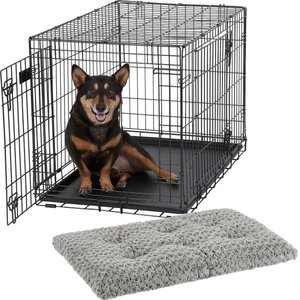 MidWest iCrate Fold & Carry Double Door Collapsible Wire Crate, 36 inch + Quiet Time Ombre Swirl Dog Crate Mat, Grey, 36-in