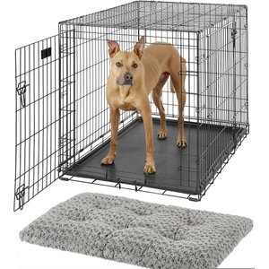 MidWest iCrate Fold & Carry Double Door Collapsible Wire Crate, 42 inch + Quiet Time Ombre Swirl Dog Crate Mat, Grey, 42-in