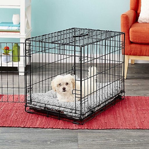 MidWest iCrate Fold & Carry Single Door Collapsible Wire Crate, 24 inch + Quiet Time Ombre Swirl Dog Crate Mat, Grey, 24-in