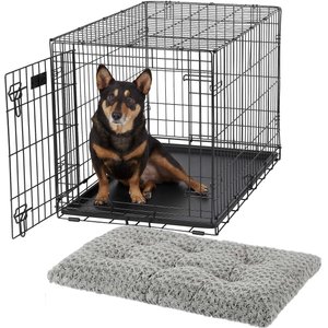 MidWest iCrate Fold & Carry Single Door Collapsible Wire Crate, 36 inch + Quiet Time Ombre Swirl Dog Crate Mat, Grey, 36-in