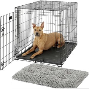 MidWest iCrate Fold & Carry Single Door Collapsible Wire Crate, 42 inch + Quiet Time Ombre Swirl Dog Crate Mat, Grey, 42-in