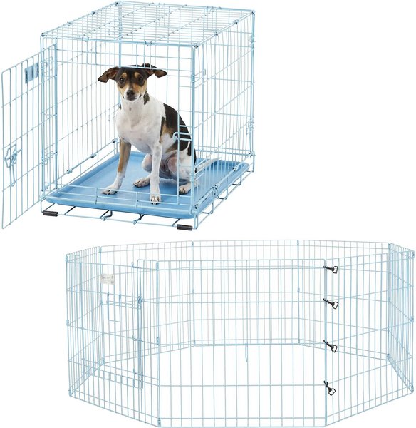 MidWest iCrate Single Door Collapsible Wire Crate, Blue, 24 inch + Wire Dog Exercise Pen with Full MAX Lock Door, Blue, 24-in slide 1 of 9