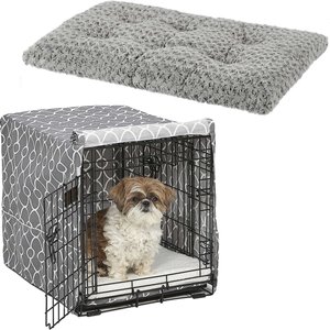 MidWest Quiet Time Ombre Swirl Crate Mat, Grey, 24-in + Quiet Time Crate Cover, Gray Geometric, 24-in