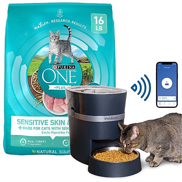 PetSafe Smart Feed 2.0 Wifi-Enabled Automatic Feeder, Blue + Purina ONE Sensitive Skin & Stomach Dry Cat Food slide 1 of 9