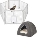 Frisco 6-Panel Convertible Plastic Playpen Divider with Wall Mounts, Light Gray + Igloo Covered Cat & Dog Bed, Gray