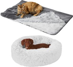 Frisco Eyelash Cat & Dog Bolster Bed + Blanket, Silver, Medium