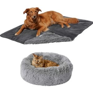 Frisco Eyelash Cat & Dog Bolster Bed + Blanket, Smoky Gray, Small