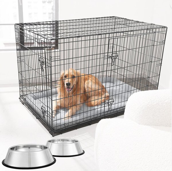 Frisco Fold & Carry Double Door Collapsible Wire Crate & Mat Kit, 48 inch + Stainless Steel Bowl, 4.75-cup, 2 count slide 1 of 8