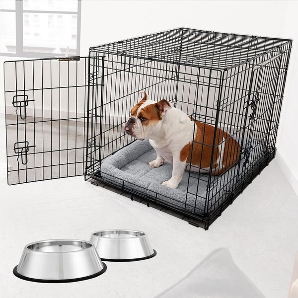 Frisco Fold & Carry Double Door Collapsible Wire Dog Crate & Mat Kit, 36 inch + Stainless Steel Bowl, 4.75-cup, 2 count slide 1 of 8