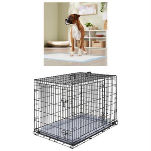 Frisco Heavy Duty Fold & Carry Double Door Collapsible Wire Crate & Mat Kit, 42 inch + Extra Large Dog Training & Potty Pads, 28 x 34-in, 150 count, Unscented