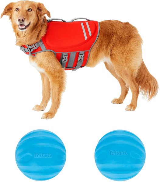 Frisco Neoprene Life Jacket, Large + Floating Fetch Ball No Squeak Dog Toy, Blue, Medium, 2-pack slide 1 of 8