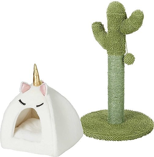 Frisco Novelty Unicorn Covered Bed + Cactus Cat Scratching Post, 22-in