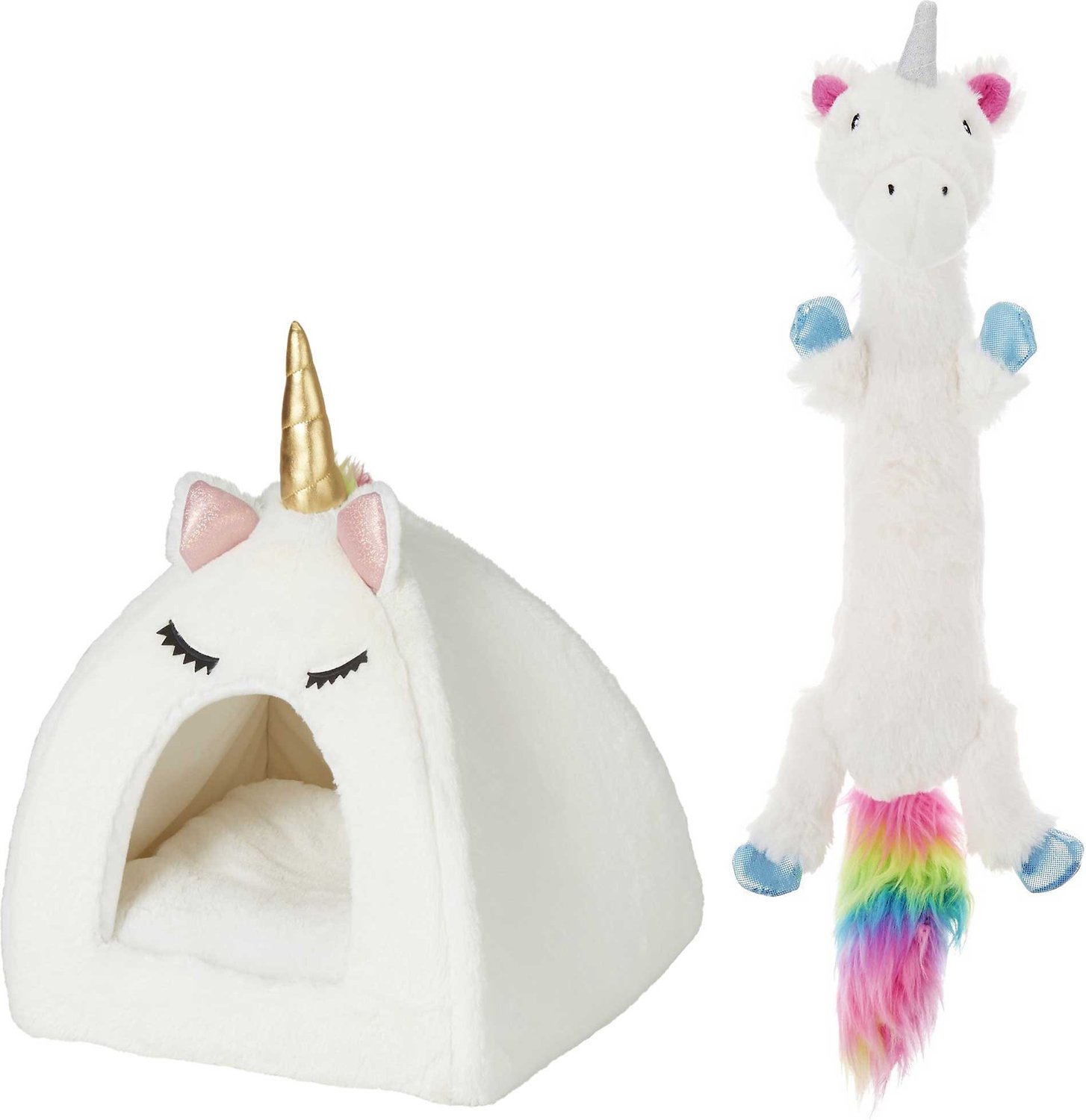 FRISCO Novelty Unicorn Covered Bed + Skinny Plush Squeaking Unicorn Dog