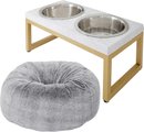 Bundle: Plush Pouf Pillow Bed, Large + Marble Print Stainless Steel Double Elevated Dog Bowl, 3 Cups, G...