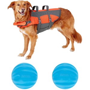 Frisco Ripstop Life Jacket, Large + Floating Fetch Ball No Squeak Dog Toy, Blue, Medium