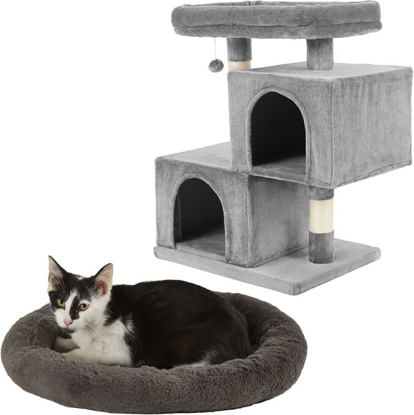 Frisco Self Warming Bolster Round Bed, Gray + 33-in Faux Fur Cat Tree & Condo, Gray slide 1 of 8
