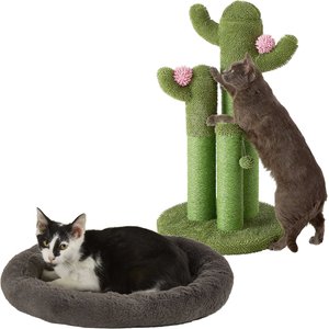 Frisco Self Warming Bolster Round Bed, Gray + Cactus Cat Scratching Post, 33-in, Tri-post