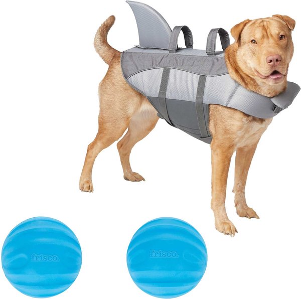 Frisco Shark Life Jacket, Large + Floating Fetch Ball No Squeak Dog Toy, Blue, Medium slide 1 of 8