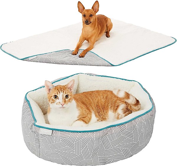 Frisco Sherpa Blanket, Small + Hexagon Bolster Cat & Dog Bed, Gray Basket Weave Print slide 1 of 8