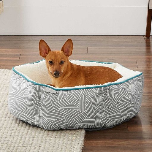 Frisco Sherpa Blanket, Small + Hexagon Bolster Cat & Dog Bed, Gray Basket Weave Print