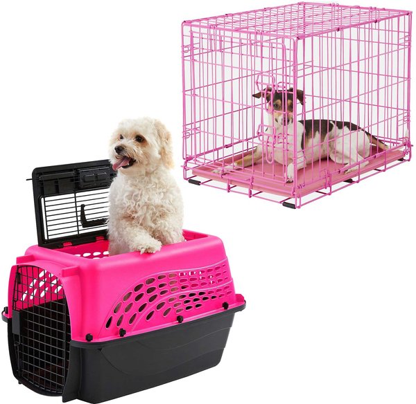 Frisco Two Door Top Load Plastic Kennel, 24-in + Fold & Carry Single Door Collapsible Wire Dog Crate, Pink, 24 inch slide 1 of 9