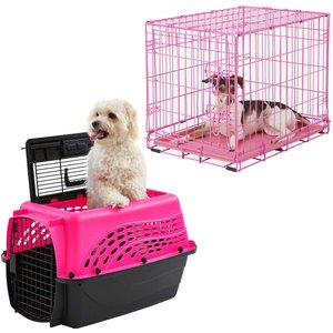 Frisco Two Door Top Load Plastic Kennel, 24-in + Fold & Carry Single Door Collapsible Wire Dog Crate, Pink, 24 inch