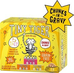 Tiny Tiger Chunks in Gravy Beef & Poultry Recipes Grain-Free Canned Food + Chicken Chompers Flavor Filled Cat Treats slide 2 of 9