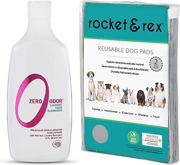 Zero Odor Laundry Odor Eliminator + Rocket & Rex Washable Puppy Training Pads, Medium: 22 x 22-in, 2 count, Unscented slide 1 of 7