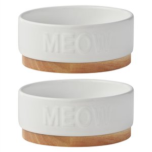 Frisco Round Meow Non-skid Ceramic Cat Bowl with Wood Base, 1.25 Cup, 2 count