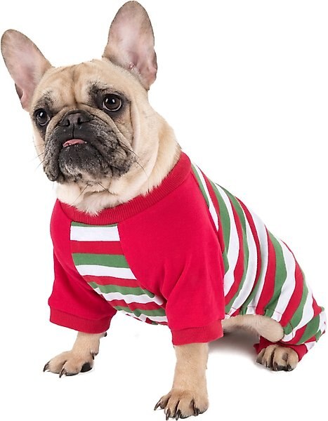 Leveret Two Piece Cotton Family Matching Pajamas, Red White & Green Stripes, Dog's, Large slide 1 of 3