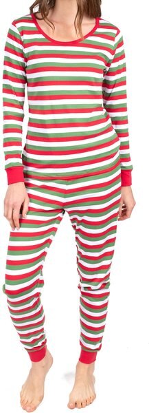 Leveret Two Piece Cotton Family Matching Pajamas, Red White & Green Stripes, Women's, Small slide 1 of 2