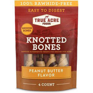 True Acre Foods, Rawhide-Free, Knotted Bones, with Natural Peanut Butter Flavor, Medium Size, Dog Treats, 4 count - 10.6oz/300g