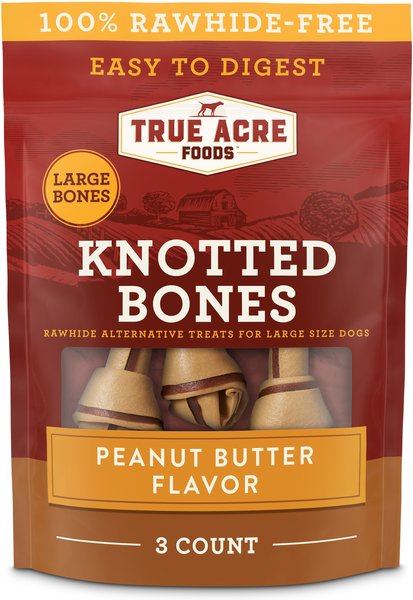 True Acre Foods, Rawhide-Free, Knotted Bones, with Natural Peanut Butter Flavor, Large Size, Dog Treats, 3 count- 10.6oz/300g slide 1 of 9