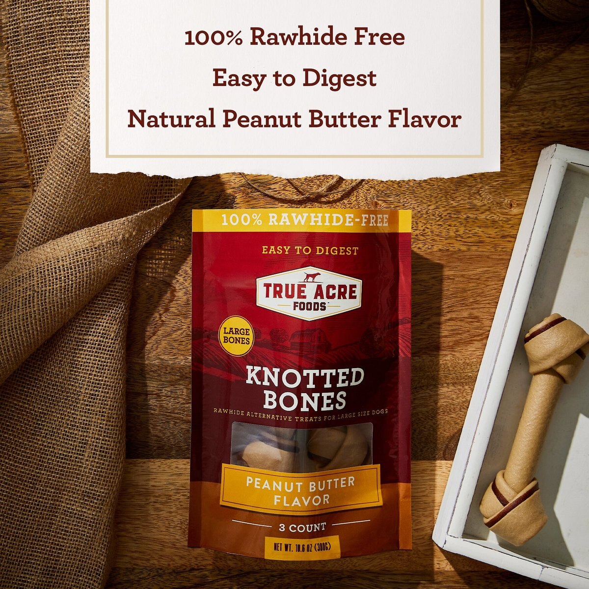 TRUE ACRE FOODS, RawhideFree, Knotted Bones, with Natural Peanut Butter Flavor Dog Treats