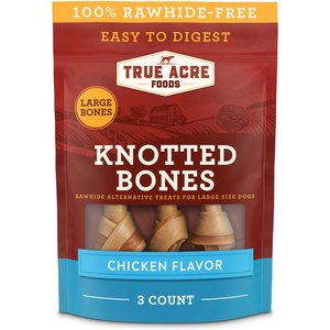 True Acre Foods, Rawhide-Free, Knotted Bones, with Natural Chicken Flavor, Large Size, Dog Treats, 3 count- 10.6oz/300g