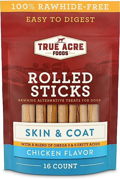 True Acre Foods, Rawhide-Free, Rolled Sticks, Skin & Coat Chew, with Natural Chicken Flavor, Dog Treats, 16 count - 10.7oz/304g slide 1 of 9