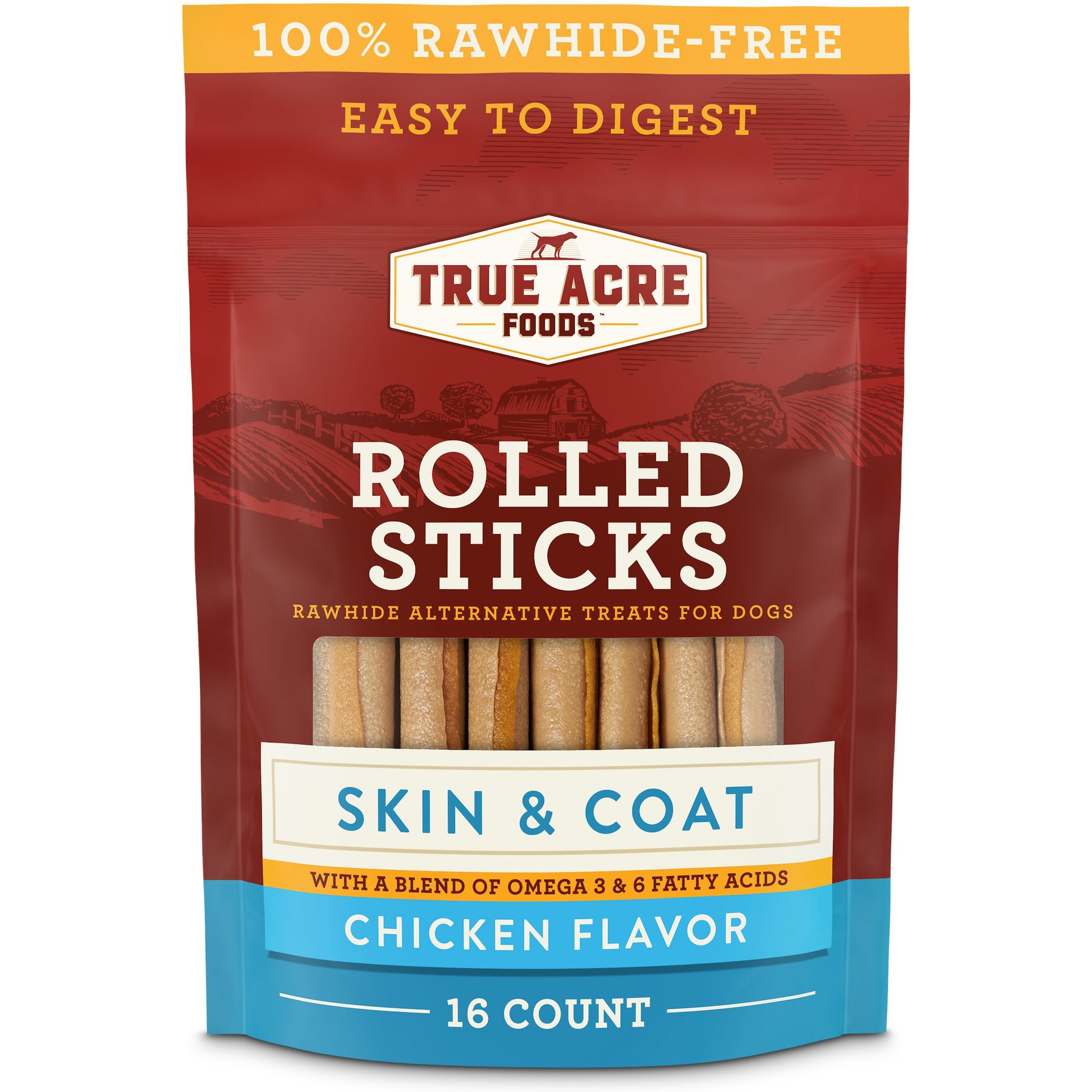 True Acre Foods, Rawhide-Free, Rolled Sticks, Skin & Coat Chew, with Natural Chicken Flavor Dog Treats