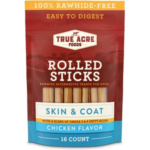 True Acre Foods, Rawhide-Free, Rolled Sticks, Skin & Coat Chew, with Natural Chicken Flavor, Dog Treats, 16 count - 10.7oz/304g