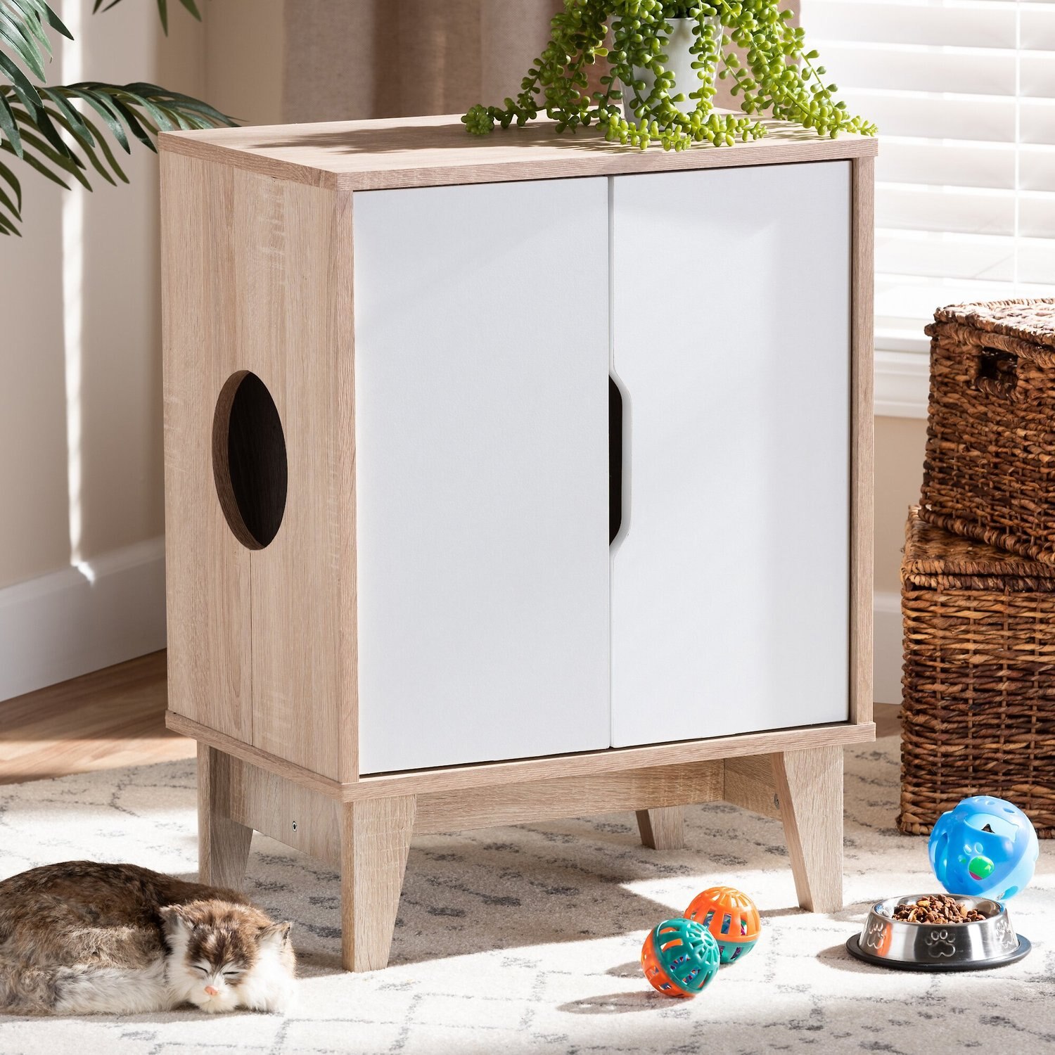 BAXTON STUDIO Fabron 2Door Cat Litter Box Cover House, White & Oak