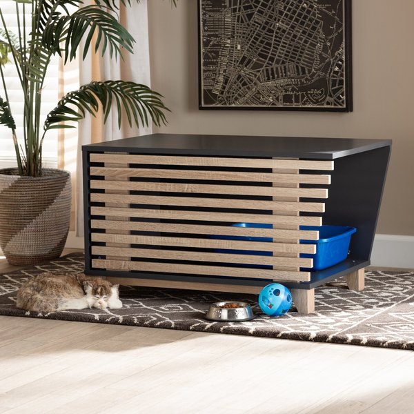 BAXTON STUDIO Elie 2Door Cat Litter Box Cover House, Oak