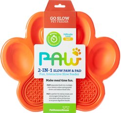 Pet Dream House PAW Non-Skid Plastic 2-in-1 Slow Feeder Dog Bowl, Orange