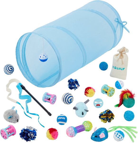 Frisco Plush, Teaser, Ball & Tunnel Variety Pack Cat Toy with Catnip, 25 count, Blue slide 1 of 3