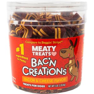 Meaty Treats Bac'n Creations Bacon & Cheese Flavor Strips Soft & Chewy Dog Treats, 5-lb canister