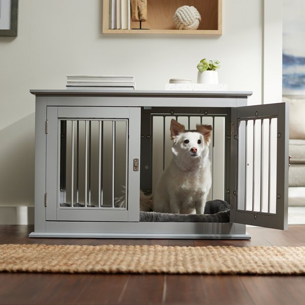 FRISCO Double Door Wood & Metal Furniture Style Dog Crate, Gray, Med ...