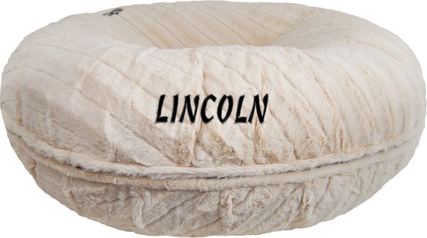 Bessie + Barnie Personalized Signature Luxury Extra Plush Faux Fur Bagel Cat & Dog Bed, Beige, X-Small slide 1 of 8