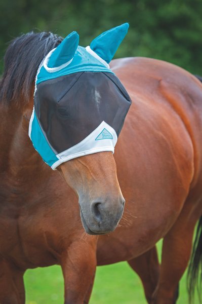 Shires Equestrian Products Fine Mesh Horse Fly Mask with Ears, Teal, Full  slide 1 of 3