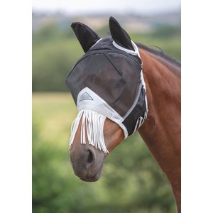 Shires Equestrian Products Fine Mesh Horse Fly Mask with Ears & Nose Fringe, Black, X-Small Pony