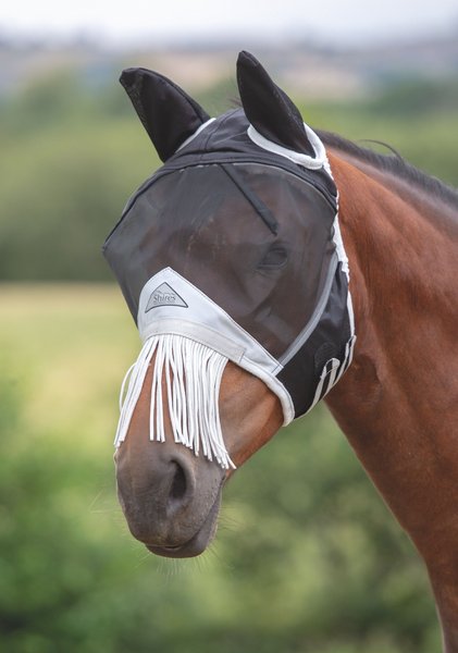 Shires Equestrian Products Fine Mesh Horse Fly Mask with Ears & Nose Fringe, Black, Small Pony slide 1 of 3