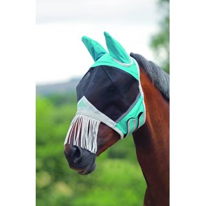 Shires Equestrian Products Fine Mesh Horse Fly Mask with Ears & Nose Fringe, Teal, X-Small Pony